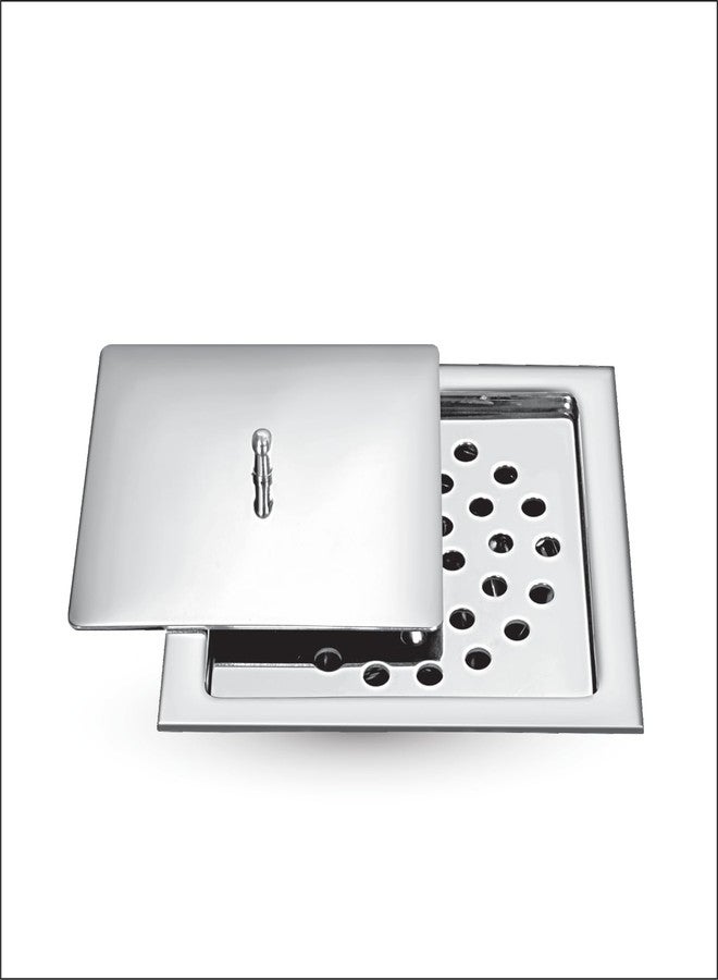 Sanjay Chilly India King Floor Drain Jali with Lid Golden Series Water Drain Cover Jali Bathroom Gratings Stainless Steel with Collar Rust-Free, Gloss Finished, Corrosion-Resistant, Durable 5x5 INCH - Image 1